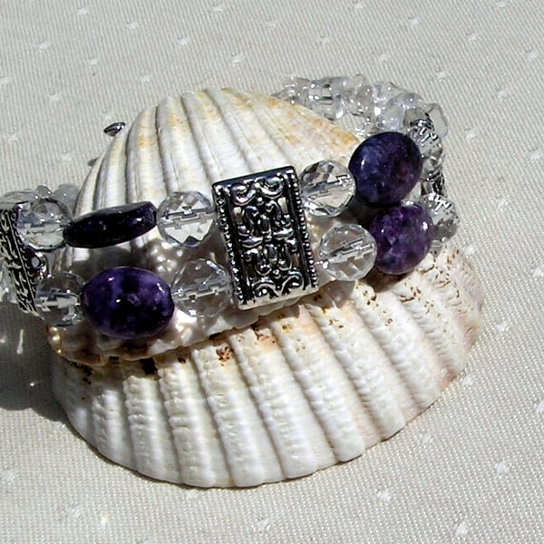 Purple Lepidolite & Clear Quartz Crystal Gemstone Bracelet "Purple Peace"