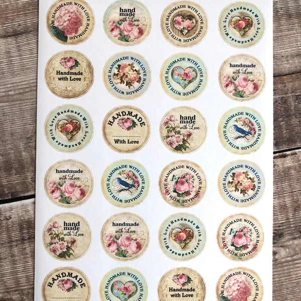 Handmade with love stickers shabby chic style