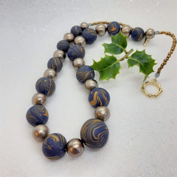 Navy and gold polymer clay necklace