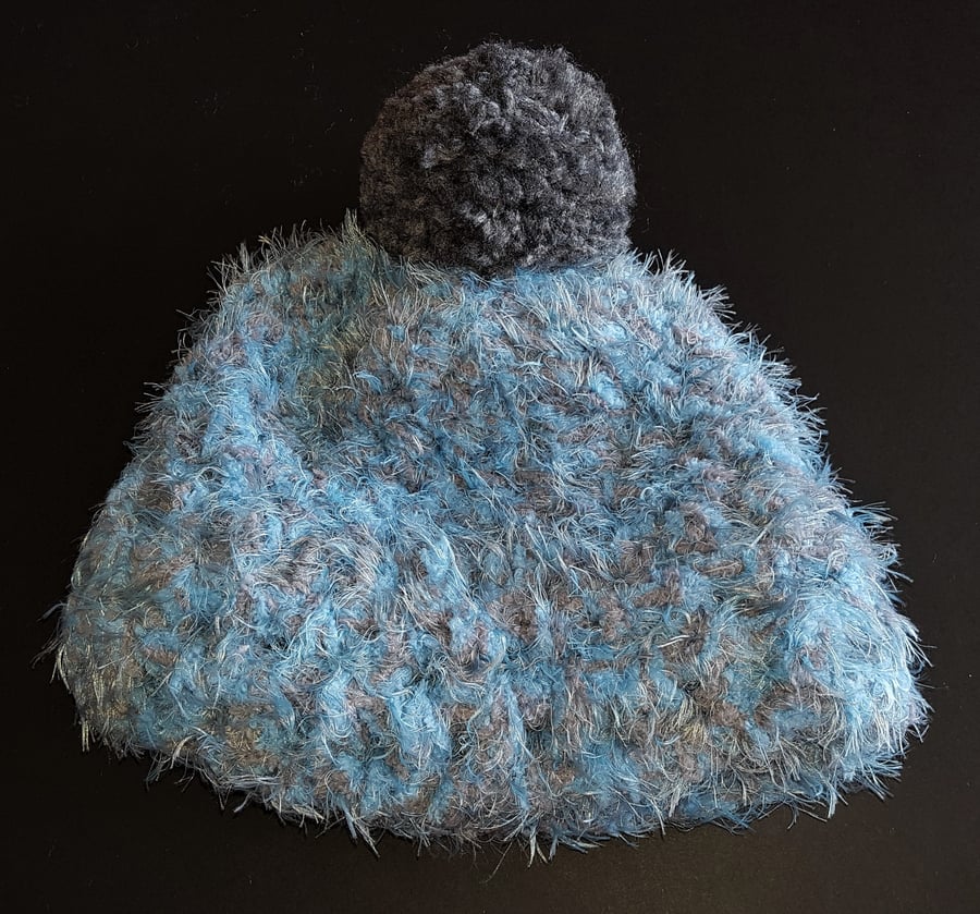 Light Blue and Grey Chunky Crochet Bobble Hat