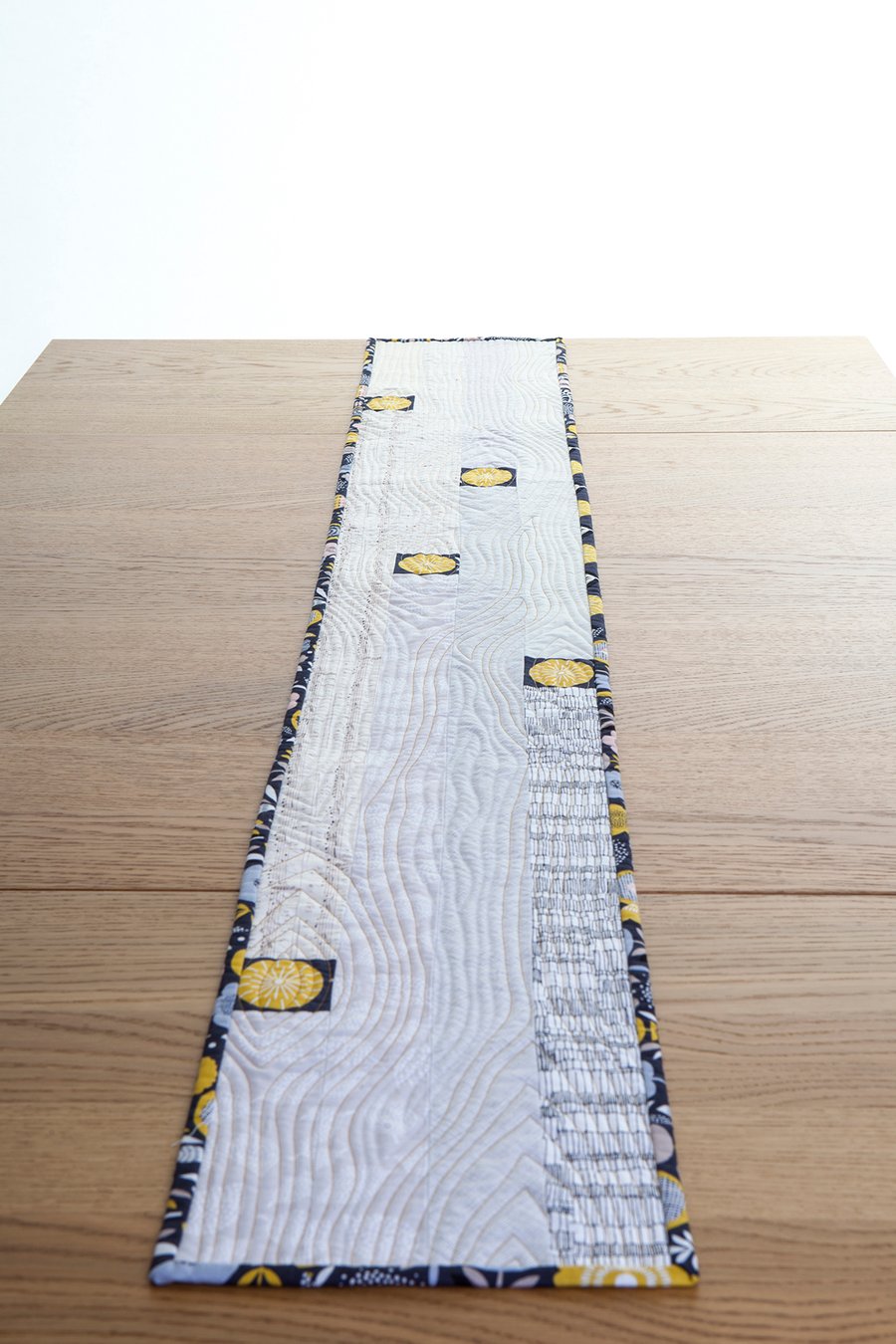 Patchwork Table Runner in Neutral Shades with Wood Grain Quilting