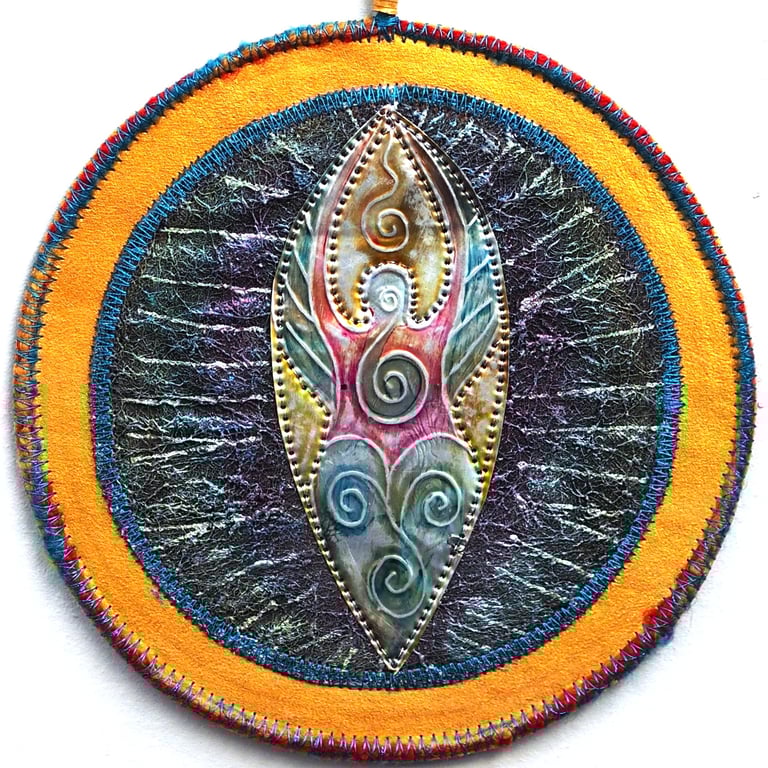 GMM549 - Metal Goddess-Angel Mandala Wall Hanging-15cm diameter-Gold-Black-Blue