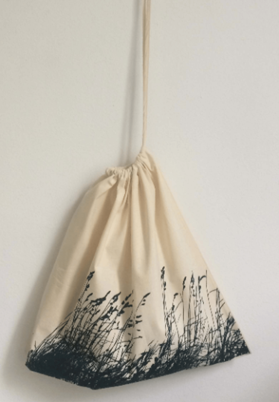 Wild Grasses hand printed natural cotton medium wide drawstring laundry bag 