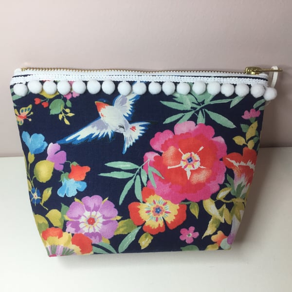 Make Up Bag with Pom Pom Trim and Water Resistant Lining