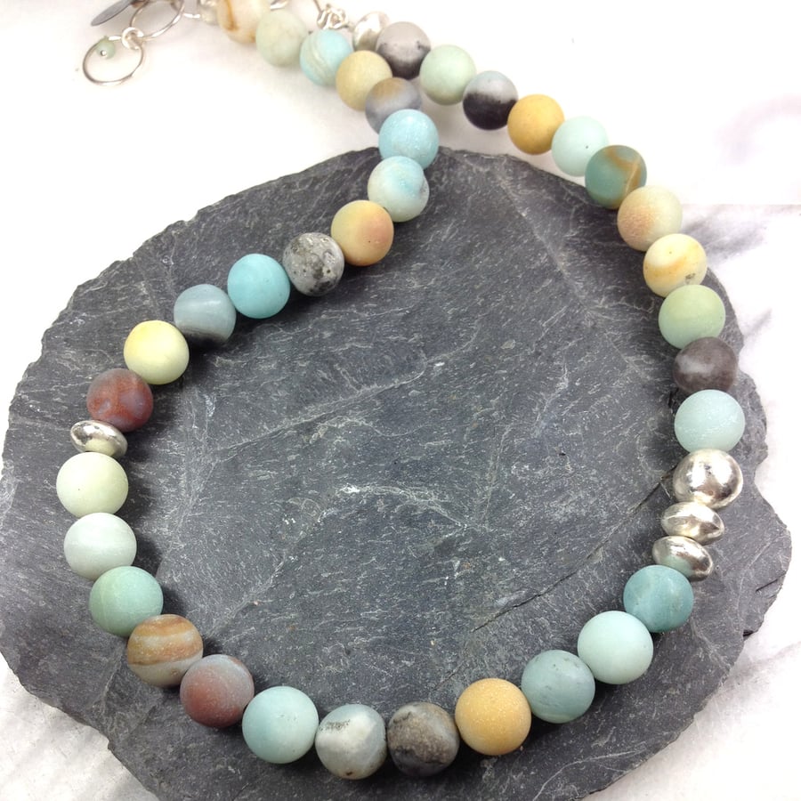 Chunky frosted amazonite and silver necklace - Folksy