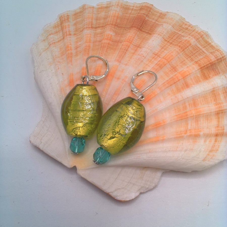 Earrings with a Green Art Glass Bead with Foil Centre, Gift for Her, Earrings