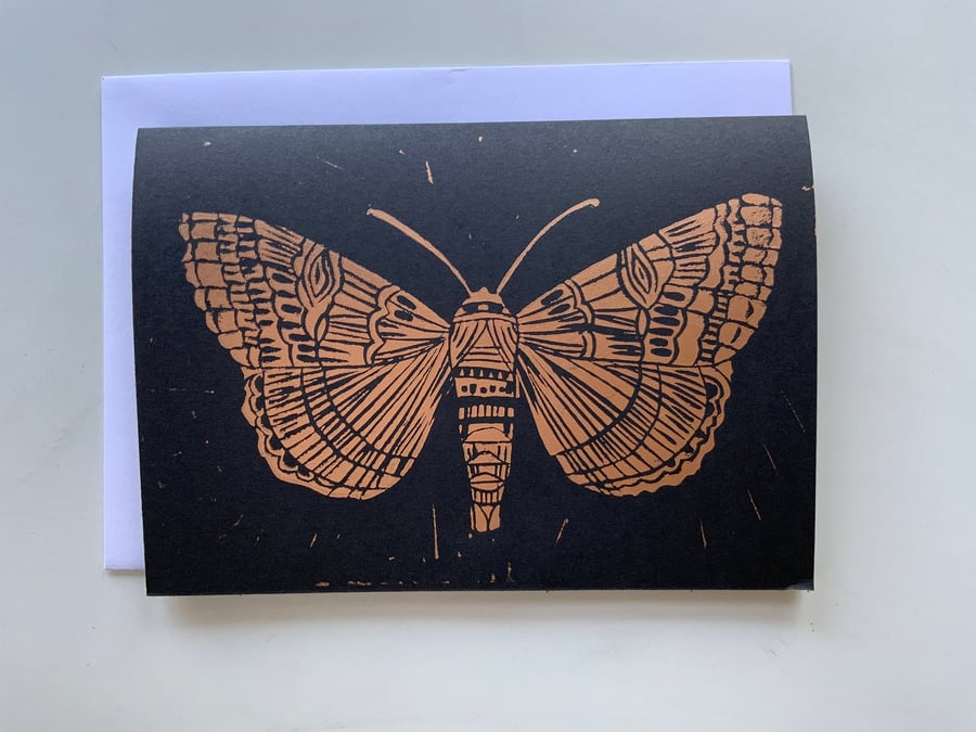 Linocut print moth greetings card - Handprinted - A5A6 Gold ink