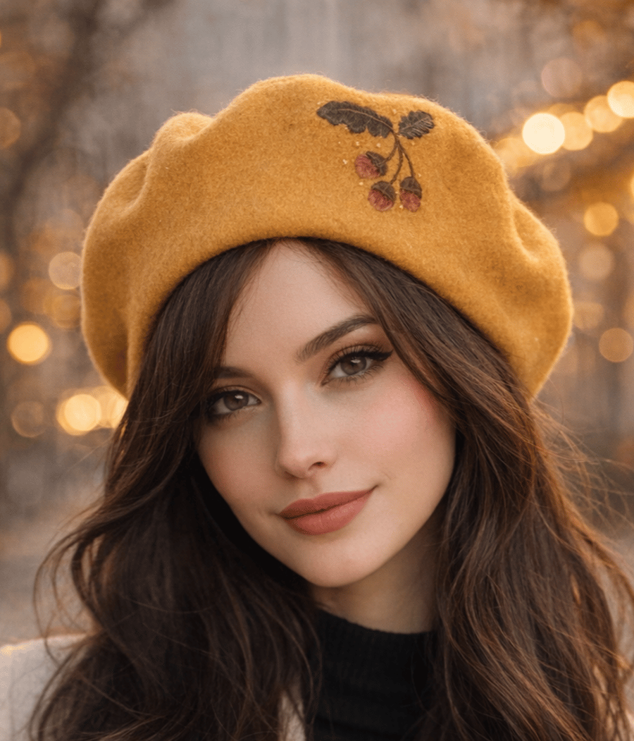 100% Wool Beret hand embroidered with acorns