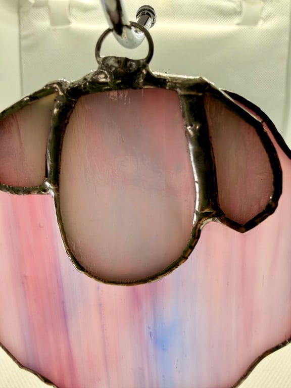 Stained glass small sheep suncatcher - stripy pink with wispy white face