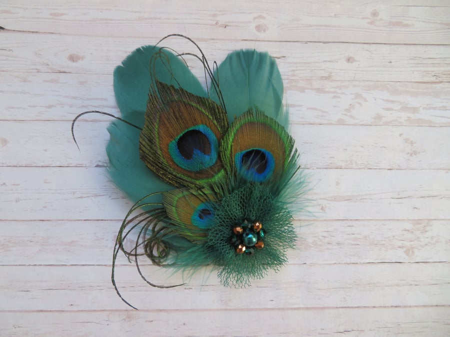 Dark Bottle Green Small Peacock Feather Vintage Crystal Hair or Hat Clip