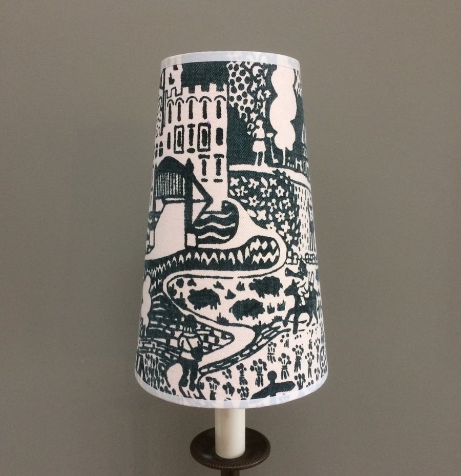 Naively Drawn Countryside Castle Village Vintage Style Fabric Lampshade