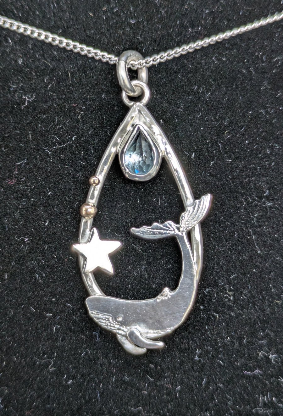 Sterling silver whale pendant, Silver whale necklace with topaz