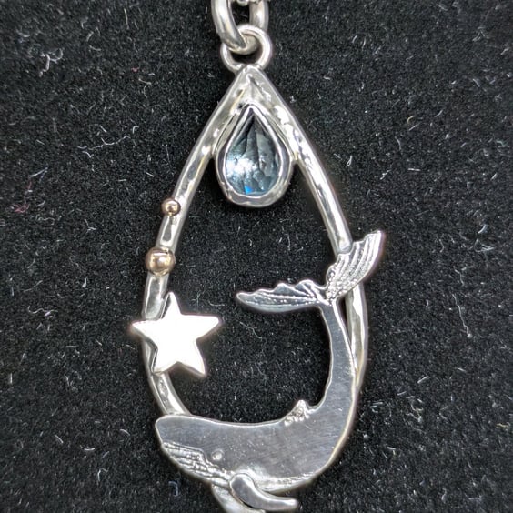 Sterling silver whale pendant, Silver whale necklace with topaz