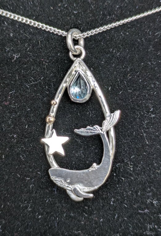Sterling silver whale pendant, Silver whale necklace with topaz
