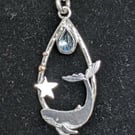 Sterling silver whale pendant, Silver whale necklace with topaz