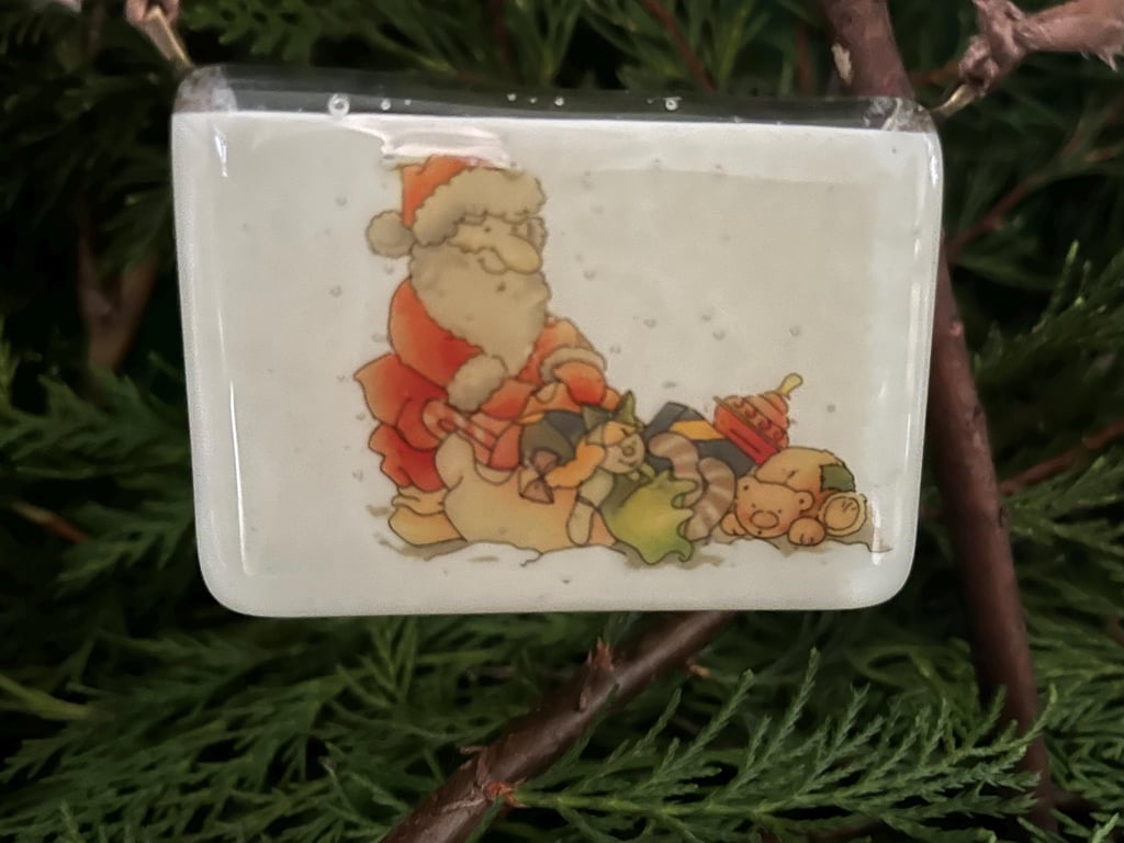 Bespoke Handcrafted Christmas Card with Artisan Fused Glass Santa with Toys 