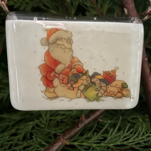 Bespoke Handcrafted Christmas Card with Artisan Fused Glass Santa with Toys 