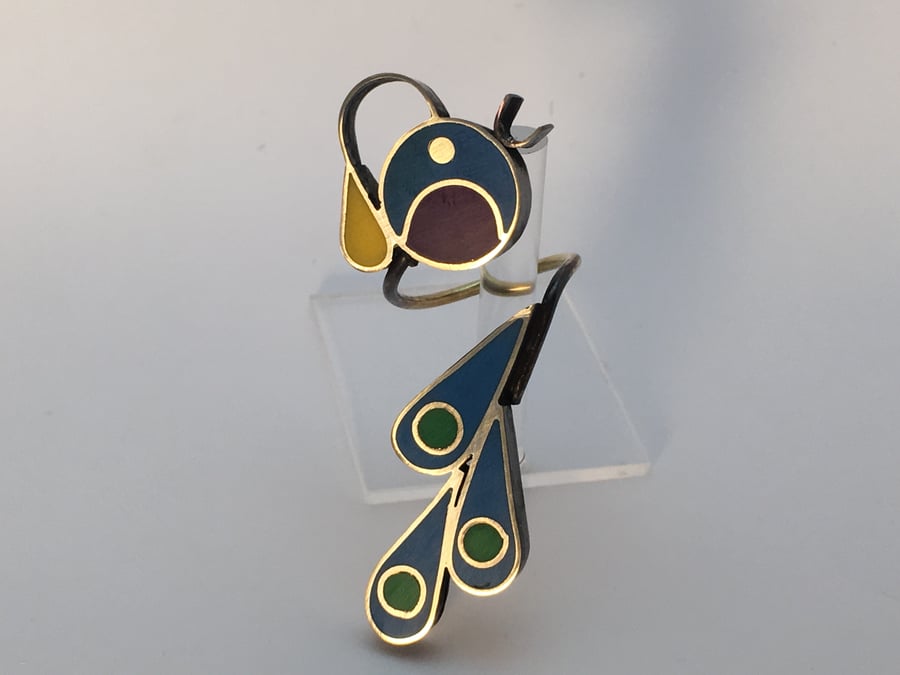Statement Peacock ring, handmade in brass, sterling silver and resin.