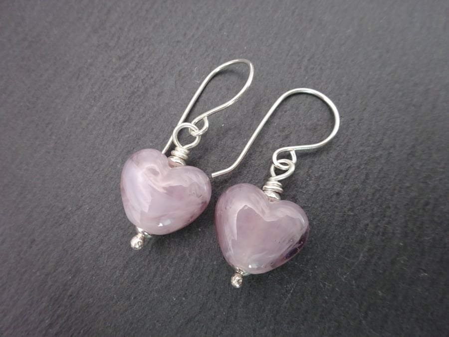 lampwork glass lilac heart earrings, sterling silver jewellery