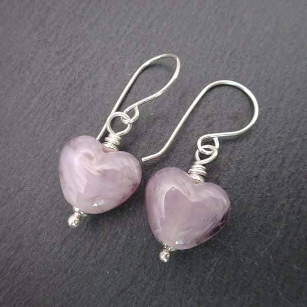 lampwork glass lilac heart earrings, sterling silver jewellery