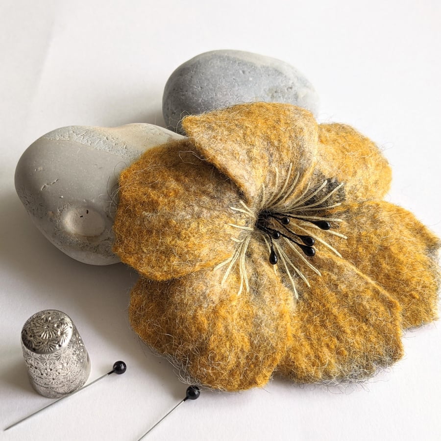 Large felted flower brooch - yellow