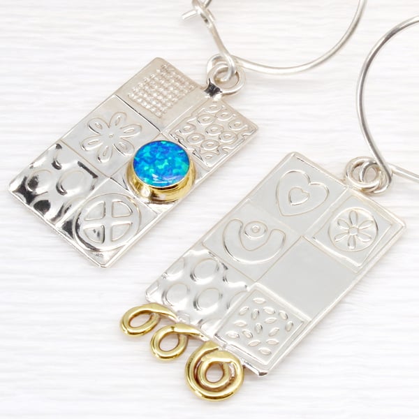 Opal earrings, blue opal, mismatching, asymmetric, handmade silver earrings