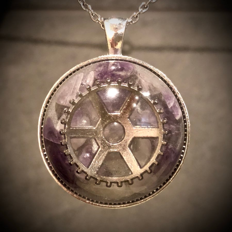 Crystal Energy Round Pendant with Amethyst and Rose Quartz (steampunk)