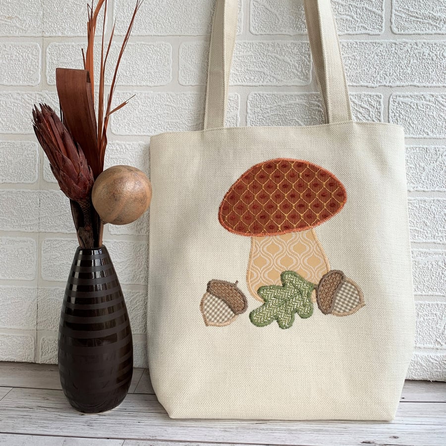 Autumn woodland tote bag with toadstool, acorns and oak leaf