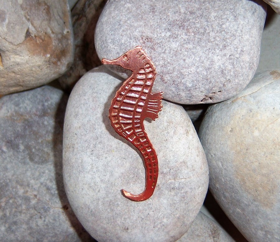 Seahorse brooch in etched copper