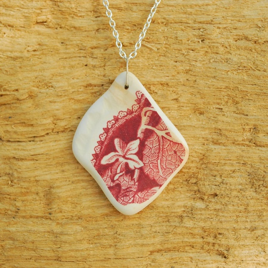 Beach pottery pendant with leaves