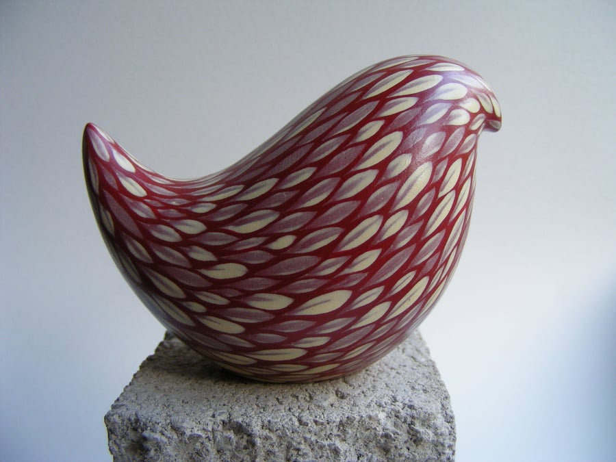 Cream on Spice red, hand painted bird (E)