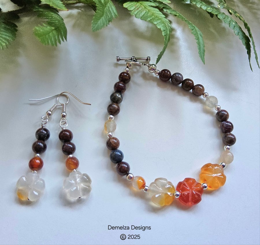Designer Carnelian & Pietersite Bracelet & Earrings Set