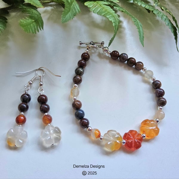 Designer Carnelian & Pietersite Bracelet & Earrings Set