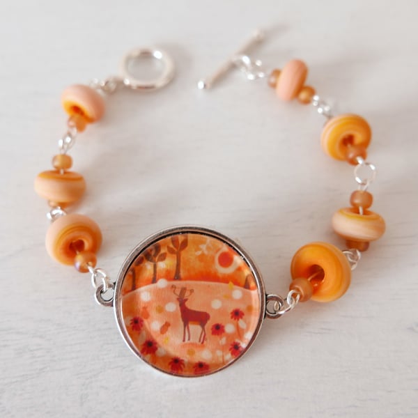 Orange Bracelet, Deer Bracelet, Lampwork Glass Bracelet, Art Bracelet