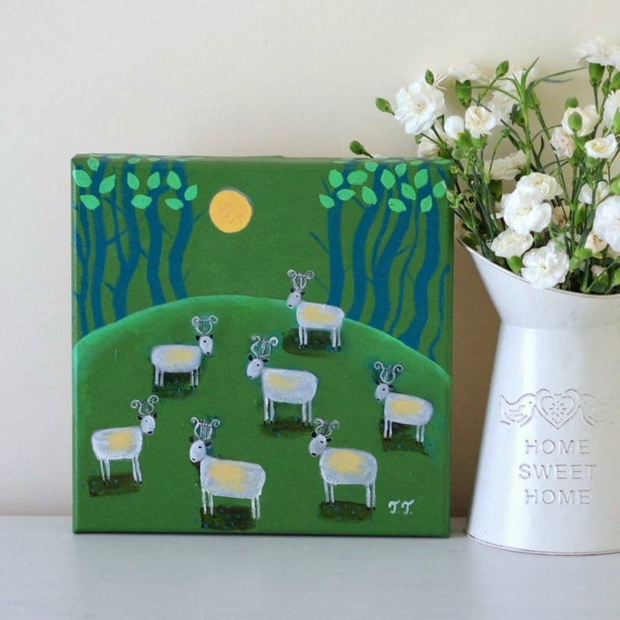 Folk Landscape Painting, Animal Sheep Art, Free Shipping UK