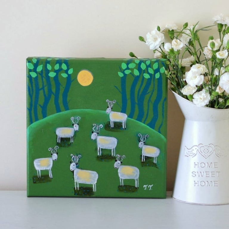 Folk Landscape Painting, Animal Sheep Art, Free Shipping UK