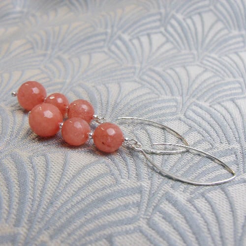 Long Coral Pink Earrings, Long Dangle Earrings, Pink Quartz Earrings CC17