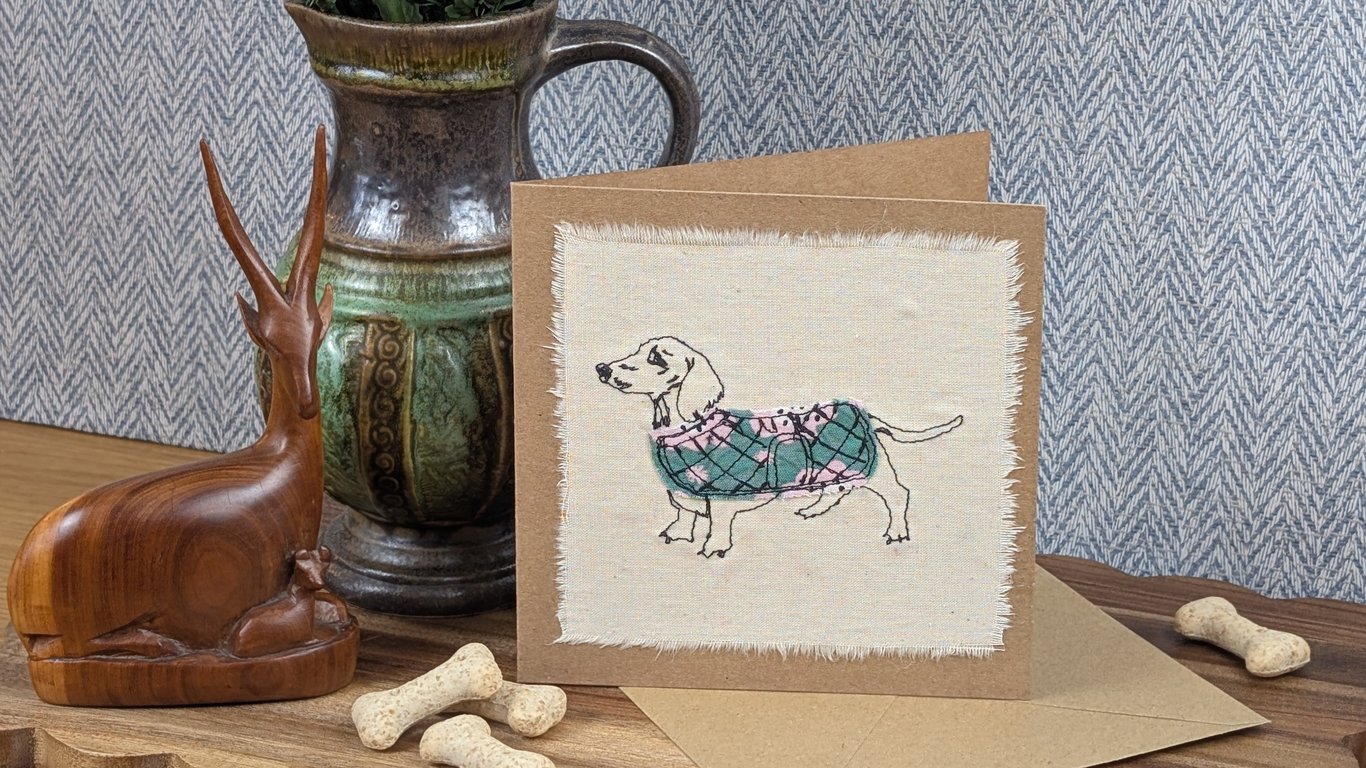Dachshund - blank card - handmade stitched dog card, birthday card, greetings