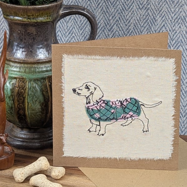 Dachshund - blank card - handmade stitched dog card, birthday card, greetings