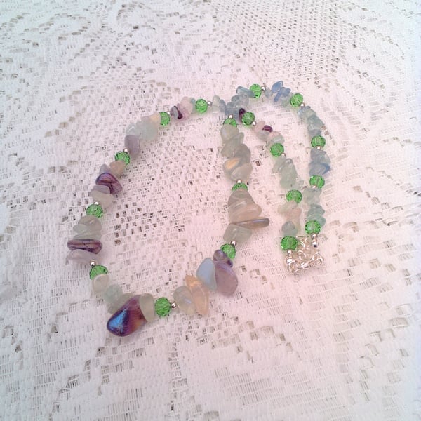 Fluorite Gemstone Chip Bead and Green Crystal Necklace, Gift for Her, Gemstones