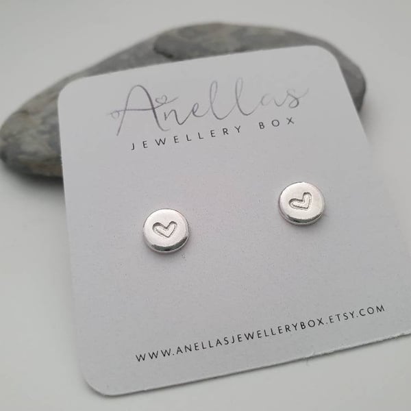 Circular Heart Earrings, Domed Earrings, Round Studs, Hand Stamped Heart Earring