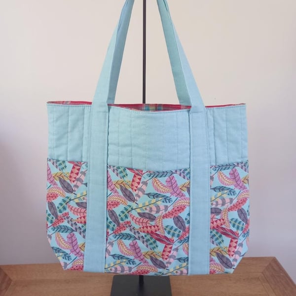 Seven Pocket Quilted Tote Bag with tartan lining
