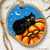 Black Cat and Pumpkins Wooden Slice Rustic Halloween Hanging Decoration