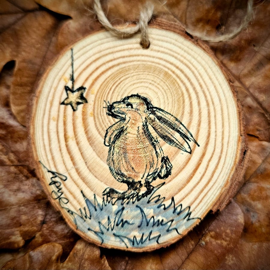 Hand painted Rabbit hanging log slice decoration
