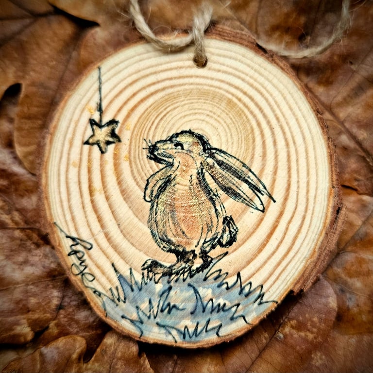 Hand painted Rabbit hanging log slice decoration