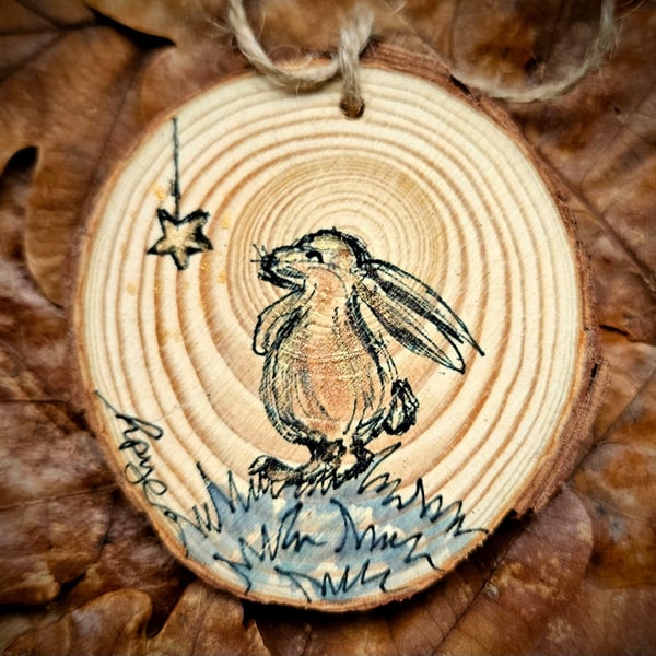 Hand painted Rabbit hanging log slice decoration