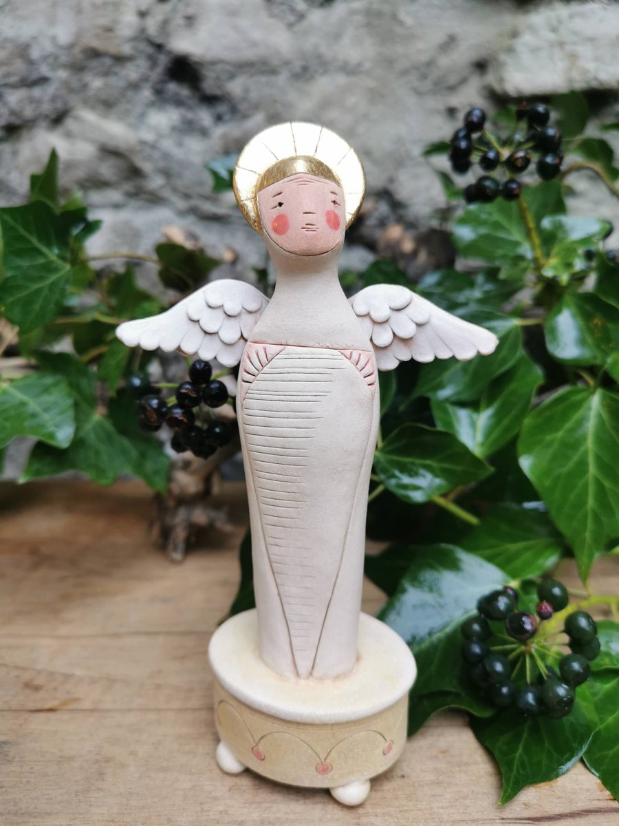 Ceramic Angel Sculpture - stoneware ceramic Angel figure on spotty podium