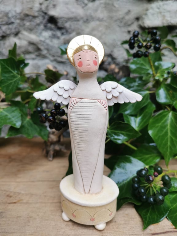 Ceramic Angel Sculpture - stoneware ceramic Angel figure on spotty podium