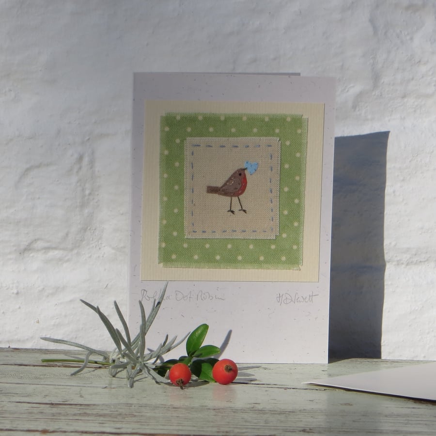 Polka Dot Robin hand-stitched card for Christmas - detailed miniature, keepsake