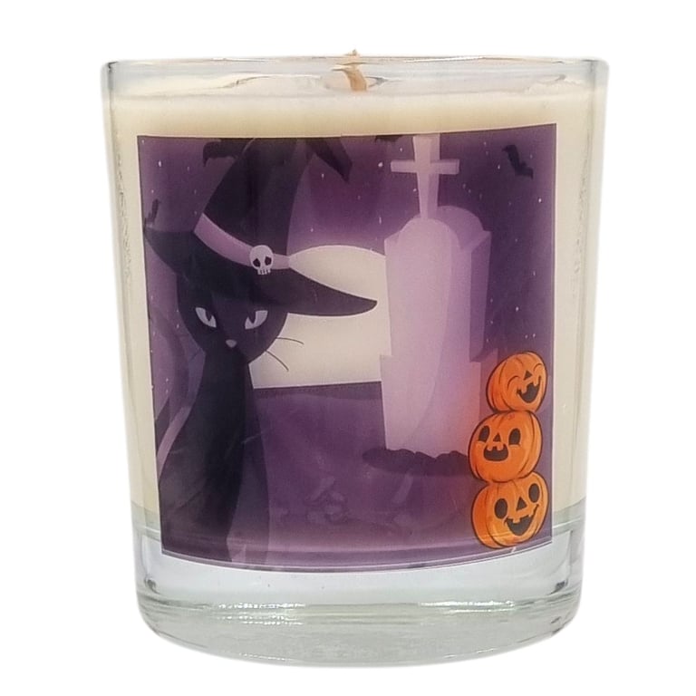 Soy Wax Scented Halloween Candle in Glass Black Cat Design 